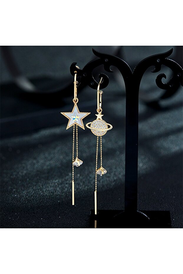 Gold 0018 2PC New Trend Star Earth Long Tassel Dangle Earrings For Women Planet Crystal Statement Pe