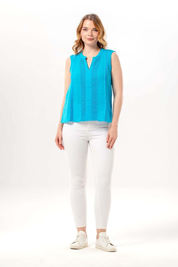 Sleeveless Ceylan Şile Bezi Summer Lace Short Blouse Turquoise Trkz