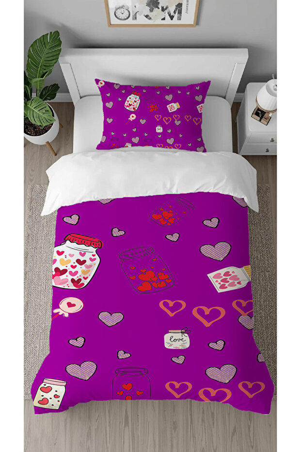 Heart Love Affection Patterned Specially Designed with Digital Print Pieces Bed Sheet Sız Single Stylish Duvet Cover Set