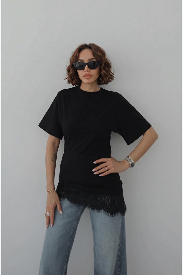 Women's Asymmetric Lace Detail Bluz Black