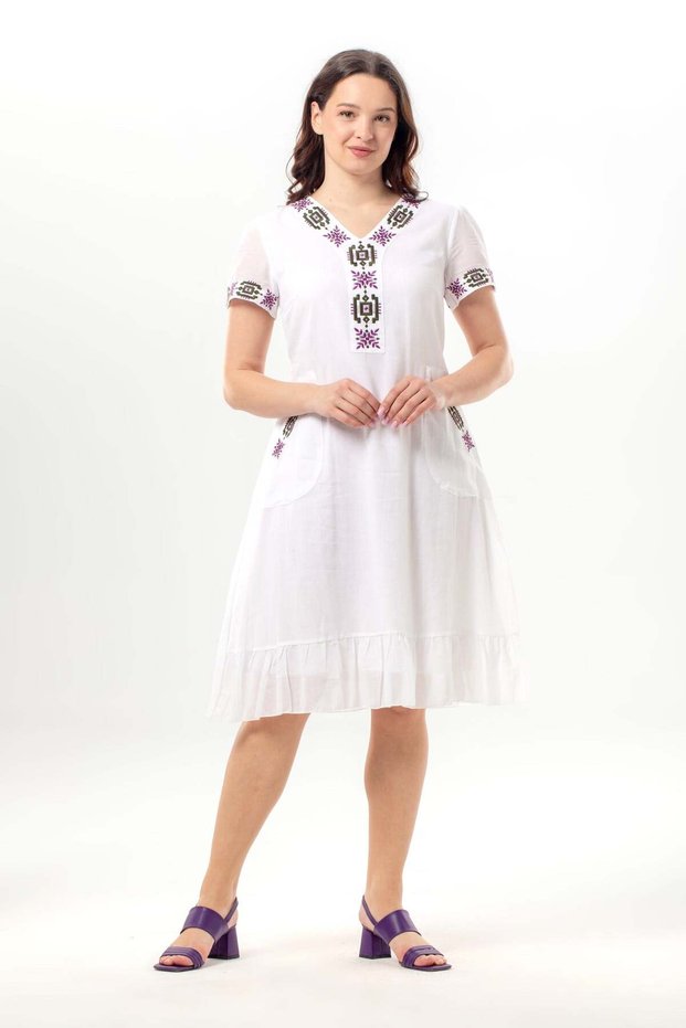 Short Sleeve Feyza V-Neck Double Pocket Tie-Up Summer Short Voile Dress White Byz
