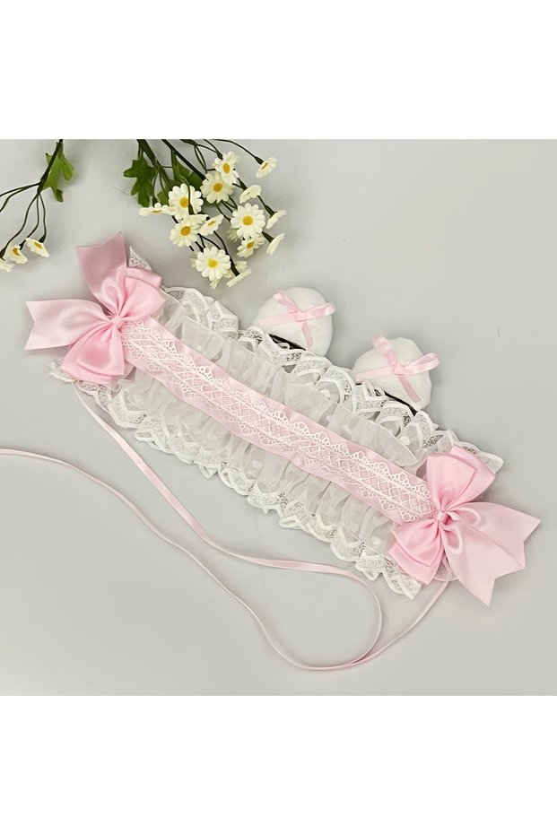Pink Anime Plush Beast Ears Lolita Lace Headband Lace Bow HairClip ​Sweet Bow Maid Cosplay Headpiece