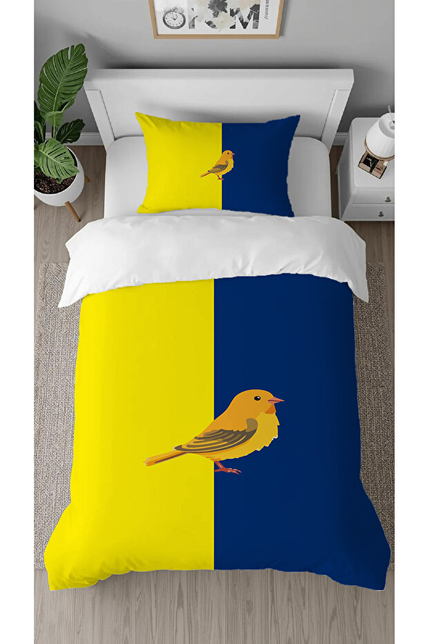 Yellow Navy Blue Patterned Digital Printed Special Design Single Duvet Cover Set Without Sheets