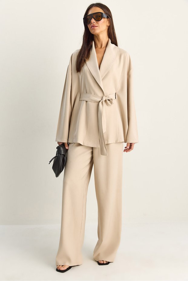 Women's Beige Belted Kimono Elastic Waist Pocket Detailed Loose Palazzo Trousers Modal Suit 9422 60286156