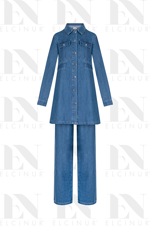 26353 Denim Jeans Tunic Trousers Set – Modern Hijab Set with Buttoned Pocket Detail
