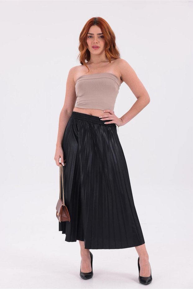 Pleated Midi Skirt Plus Size High Waist Elastic Casual & Stylish Women's Skirt