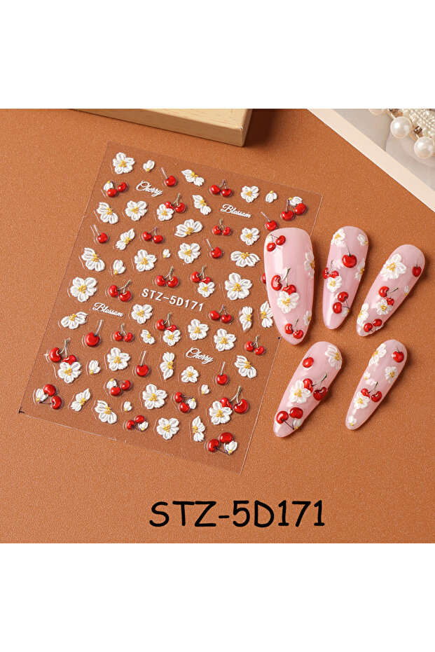 ملصقات أظافر STZ-5D171 ثلاثية الأبعاد بتصميم الكرز الأنيق وزهور الربيع البيضاء ذاتية اللصق لتزيين الأظافر