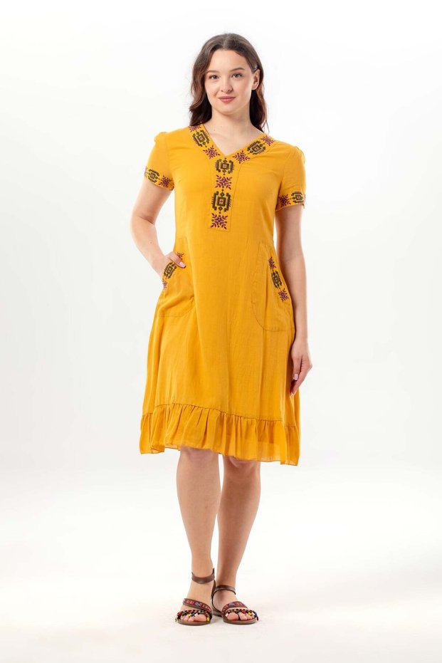 Short Sleeve Feyza V-Neck Double Pocket Tie-Up Summer Short Voile Dress Mustard Hrd