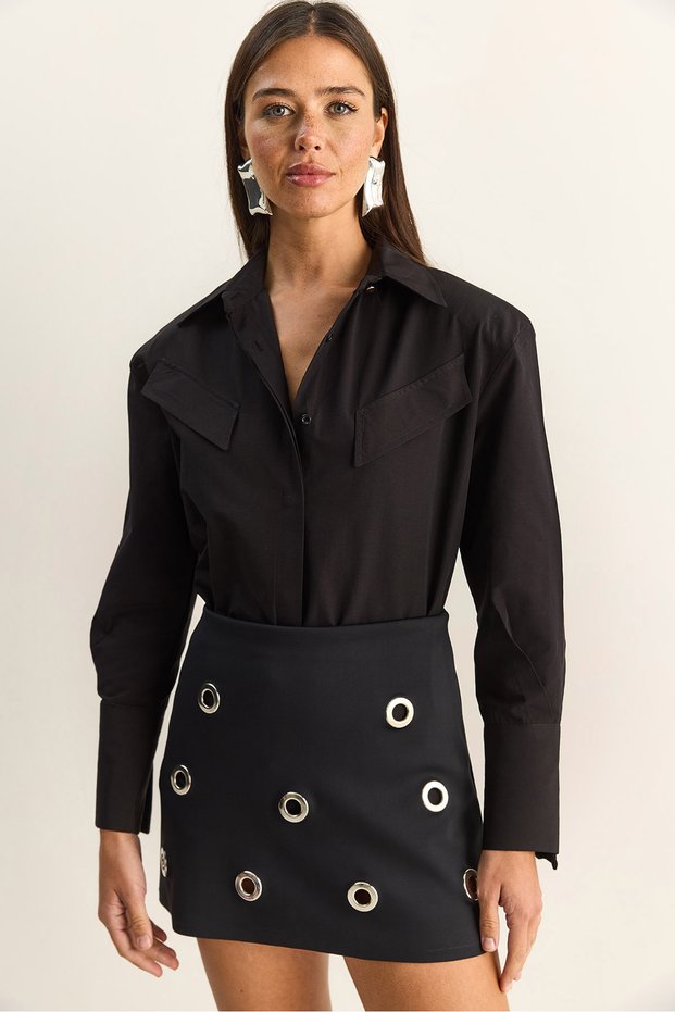 Women's Black Padded Cross-Cover Detailed Asymmetrical Wide Cuff Poplin Shirt Dg261020 60286096