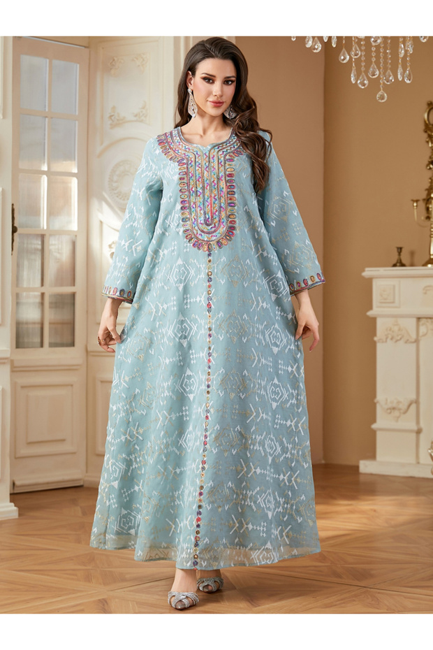Light Blue Embroidered A-Line Jalabiya
