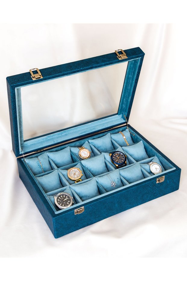 Handmade 15-Slot Premium Watch Box, Faux Leather Covered, Special Design with Glass, Accessory Organizer