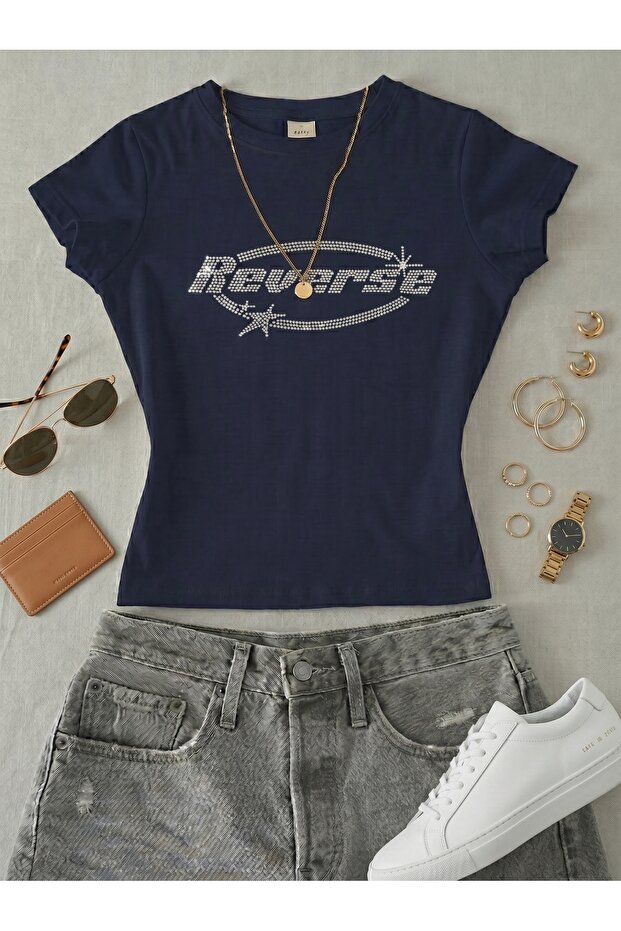 Women's Reserve Written Stone Print - Lycra Short Sleeve Body Tee Crop