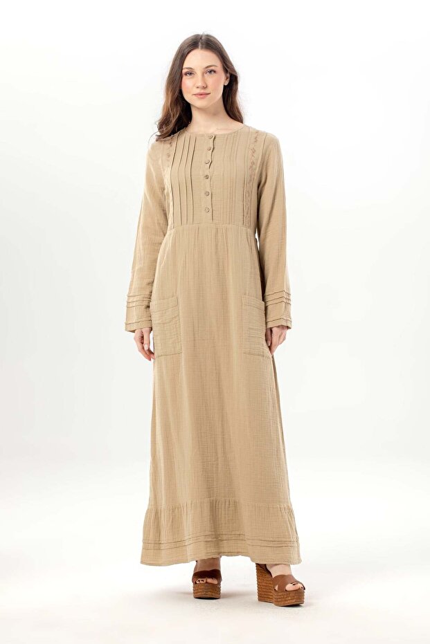 Long Sleeve Dora Round Neck Buttoned Double Pocket Summer Long Muslin Dress Mink Vzn