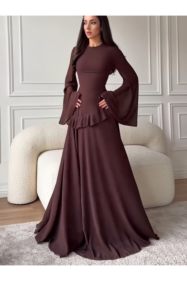 Brown Solid Ruffled A-Line Maxi Dress