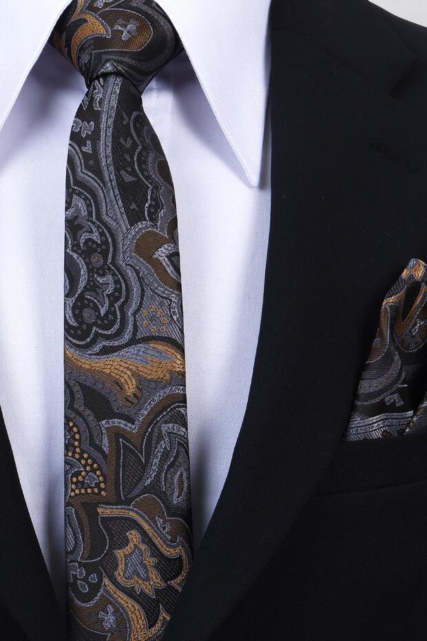 Hand Made 6 cm Slim Tie with Patterned Shawl and Smoked Gold Color Handkerchief