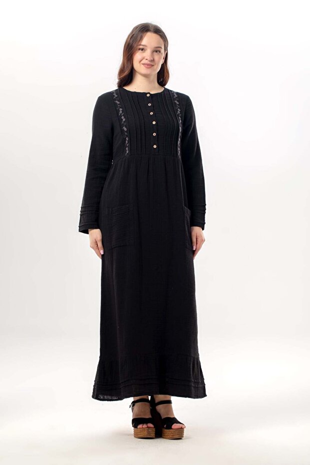 Long Sleeve Dora Round Neck Buttoned Double Pocket Summer Long Muslin Dress Black Syh