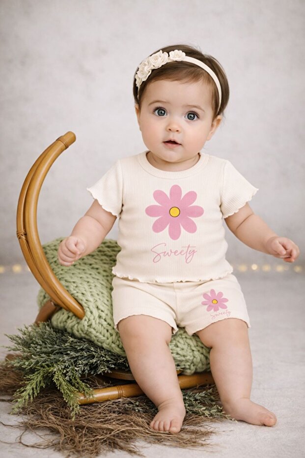 Baby Girl Daisy Printed 2-Piece Ribbed Set with Shorts