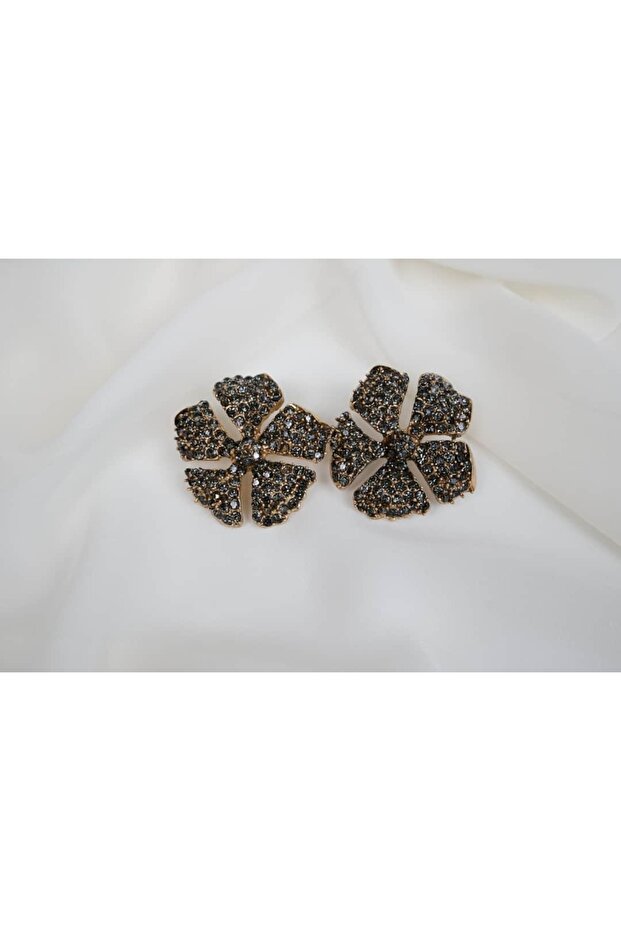 Bkp145 Black Stone Coated Gold Earrings with Flower Figures (40mm)