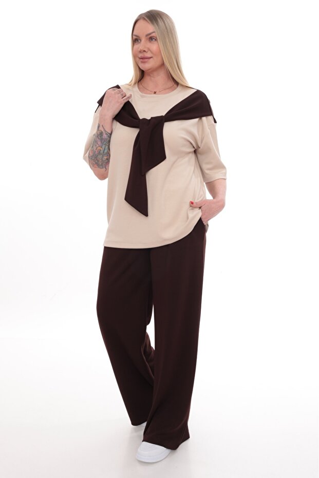 Modal Fabric Large Size Tracksuit Set with Scarf Detail on the Shoulder