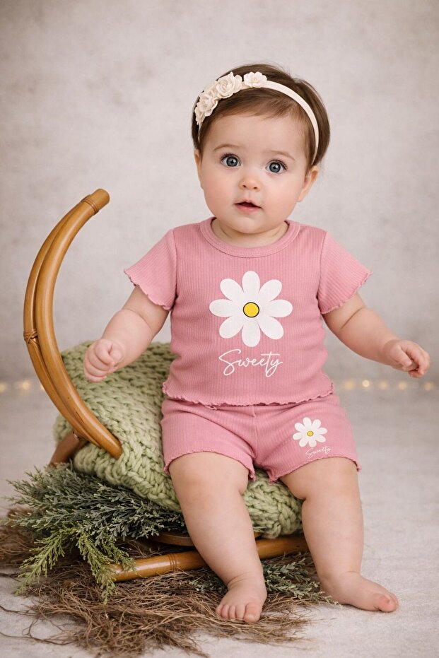 Baby Girl Daisy Printed 2-Piece Ribbed Set with Shorts