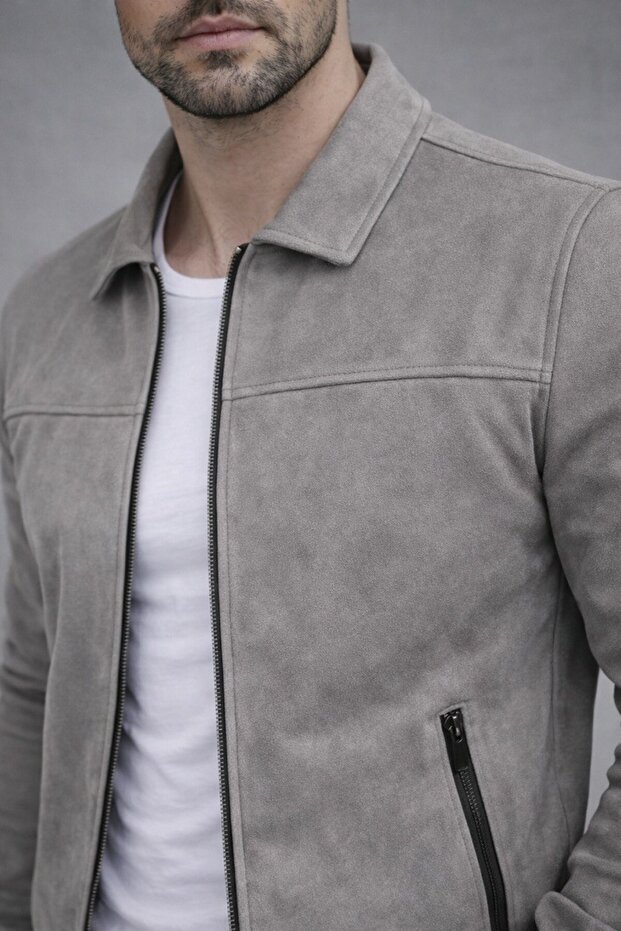 Basic Slim Fit Polo Collar Suede Jacket
