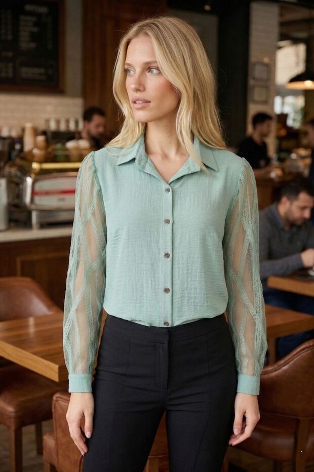 Women's Light Green Sleeves Tulle Shirt Arm-20K001068