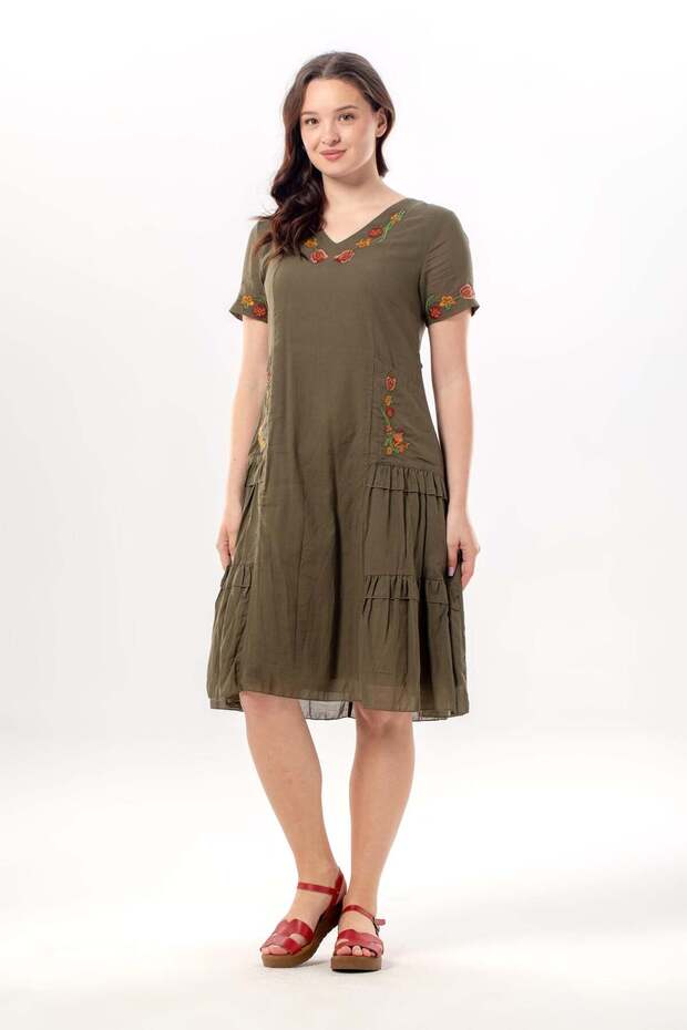 Short Sleeve Belgin V-Neck Summer Voile Dress Khaki Hk