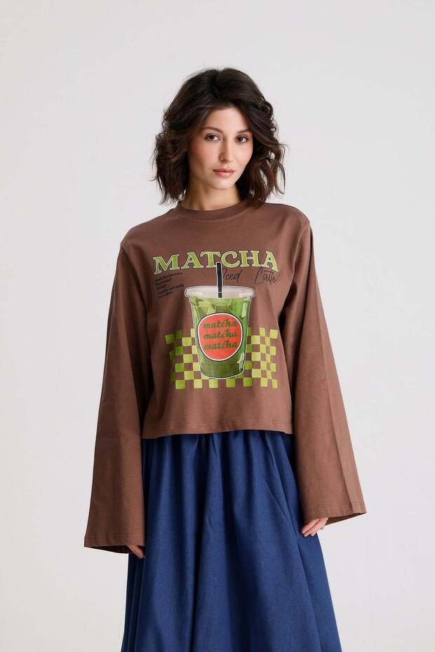 Women's Brown Wide Sleeve Oversize Printed T-Shirt 31101