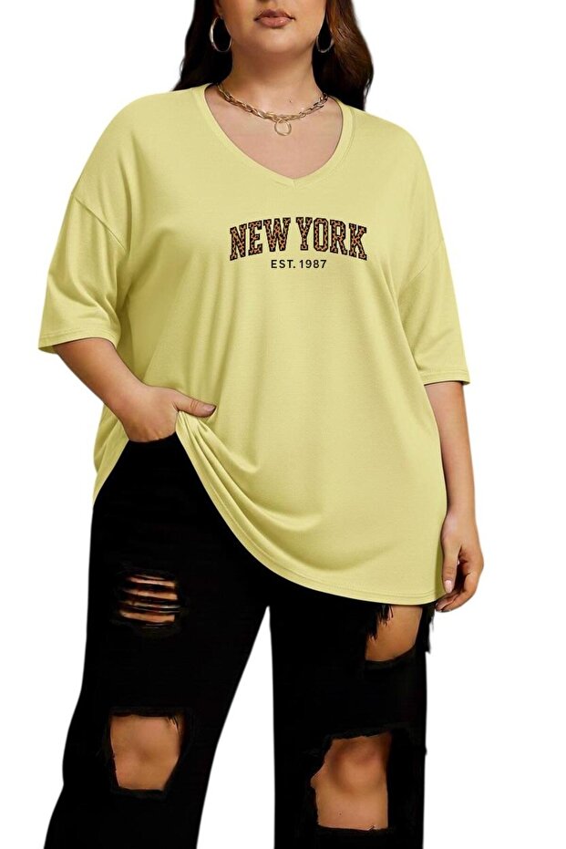 New York Printed Large Size V-Neck Oversized Unisex T-Shirt 1Cz3