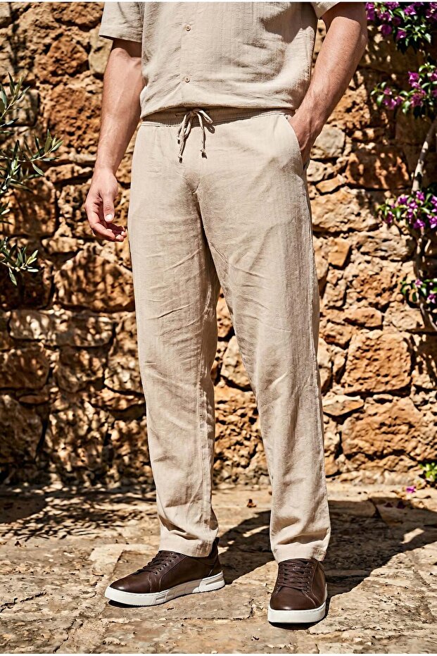 Calvert Tensel Cotton Fabric Striped Relaxed Fit Men's Trousers - Sand Beige
