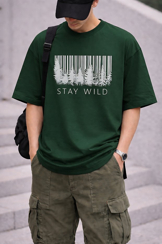 Stay Wild Text and Nature Printed Unisex Oversize T-Shirt – Cotton Crew Neck Casual T-Shirt