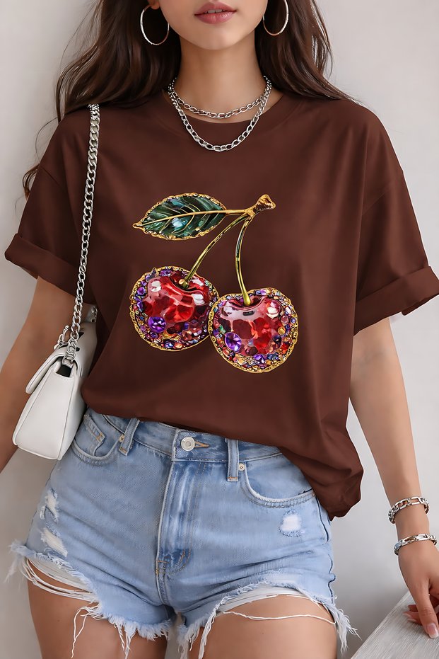 Stone-Embellished Cherry Print Unisex Oversize T-Shirt – Cotton Crew Neck Casual T-Shirt