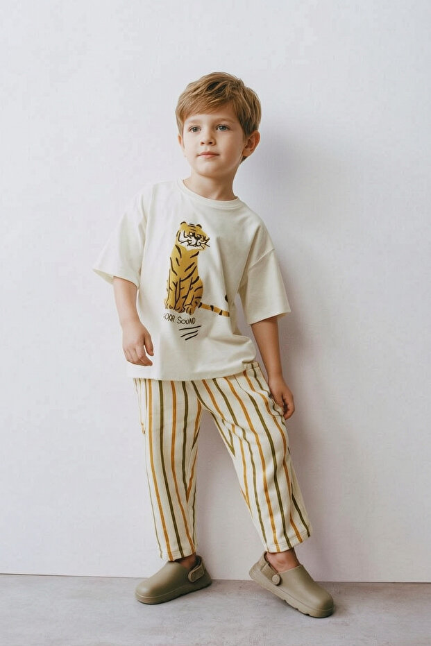 Boy's Tiger Printed Oversized T-Shirt and Striped Pants Casual Set