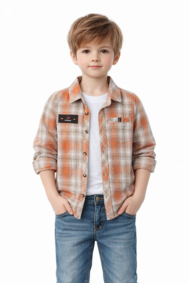 Boy's Button-Closure Folded Sleeve Model Embroidered Orange Color Seasonal Shirt