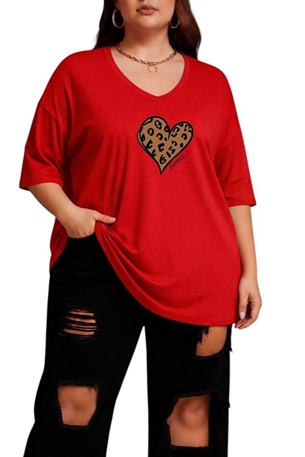 Heart Printed Large Size V-Neck Oversized Unisex T-Shirt 1Cz5