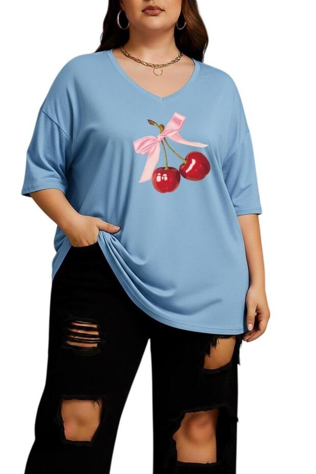 Ribbon-Cheery Printed Large Size V-Neck Oversize Unisex T-Shirt 1Cz4