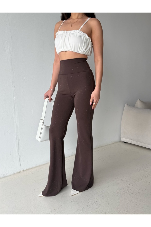 Women's Brown Color Spanish Leg High Waist Gathering Stretchy Plain Leggings with Shiny Stone Detail