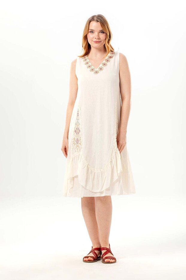Sleeveless Begüm V-Neck Summer Embroidered Authentic Voile Short Dress Cream Krm
