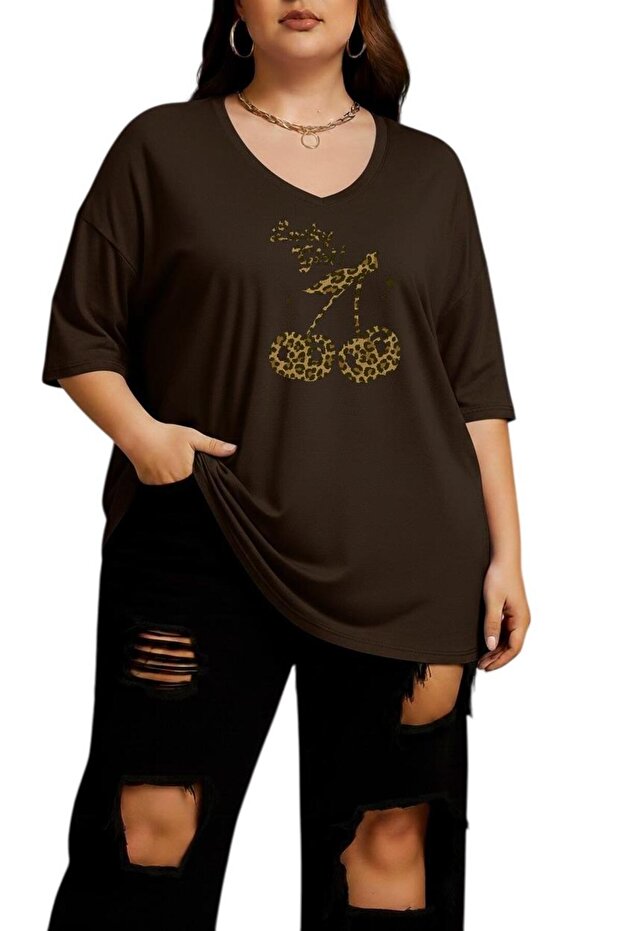 Cherry Printed Large Size V-Neck Oversize Unisex T-Shirt 1Cz6