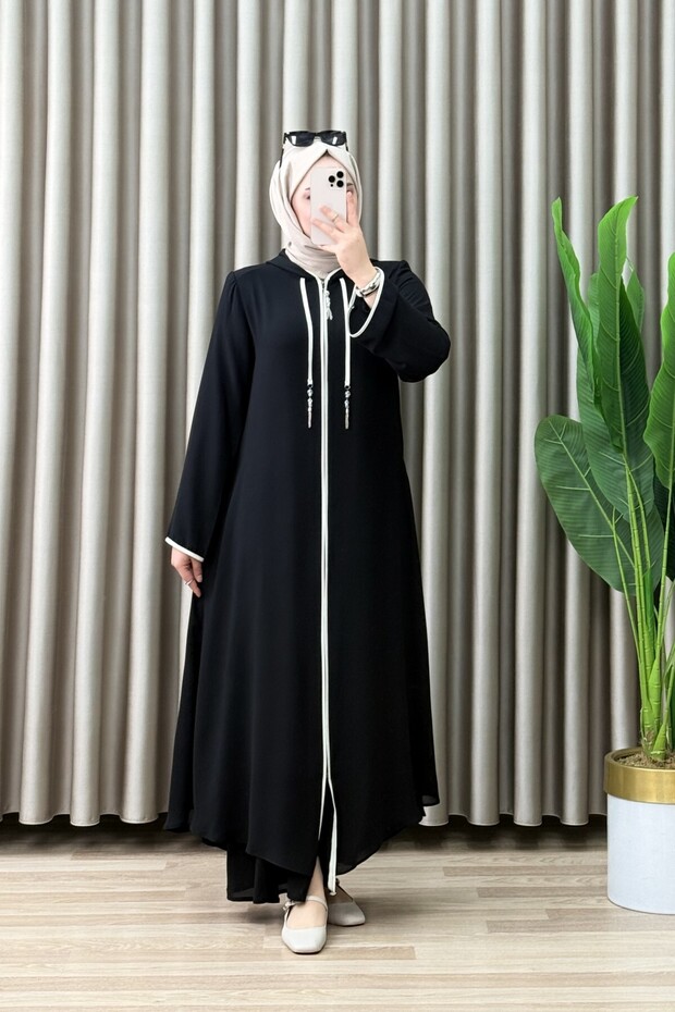 Nurella Ferace Crepe Chiffon Fabric Women's Black Hooded Striped Detail Hijab Ferace