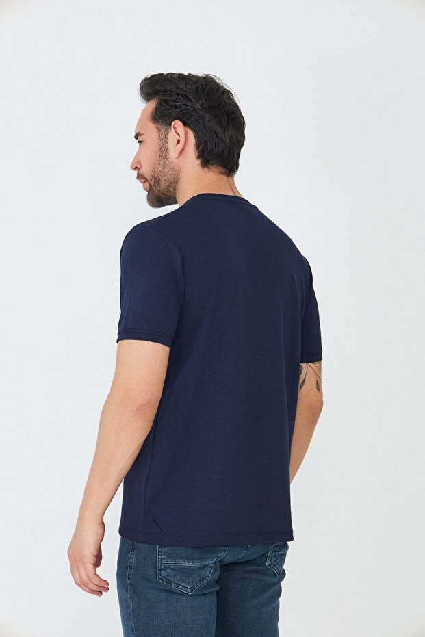Navy Blue Round Neck Basic T-Shirt - 3