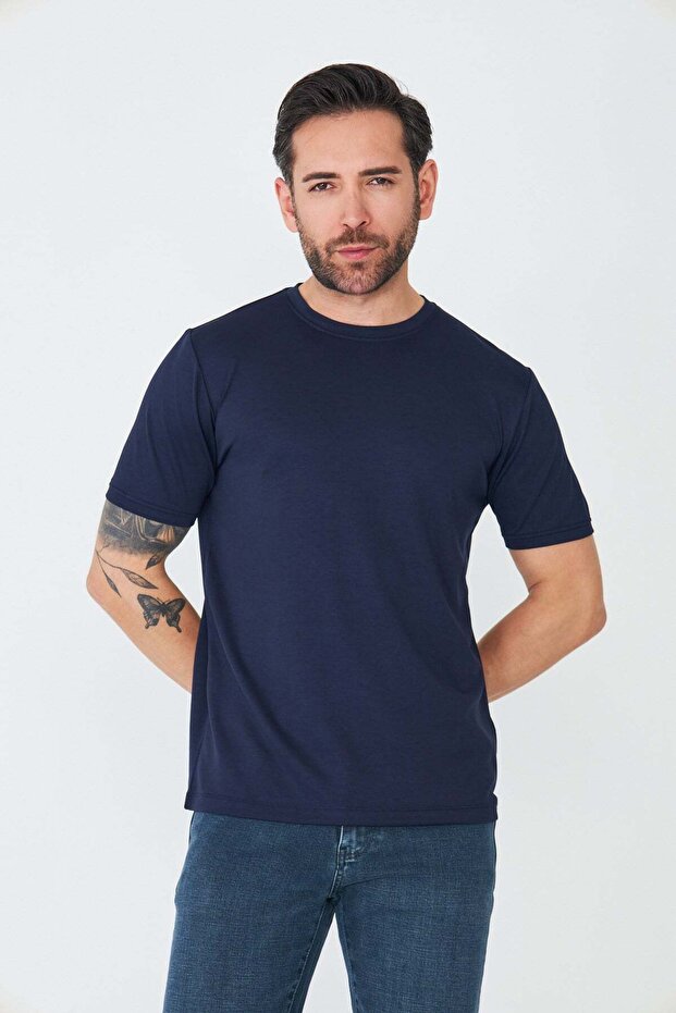 Navy Blue Round Neck Basic T-Shirt - 6