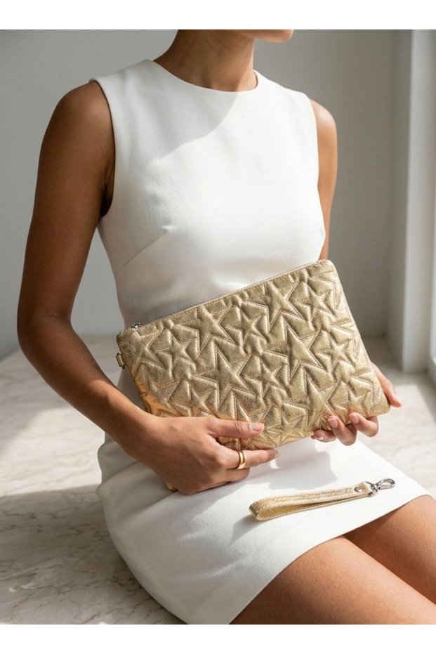 Star Patterned Shiny Portfolio & Clutch Bag -Gold