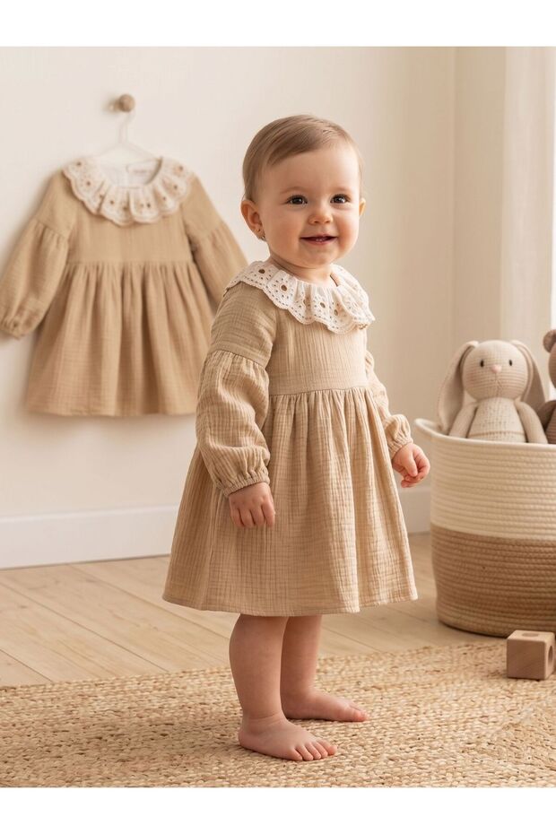 Girl's Muslin Dress with Ruffled Collar