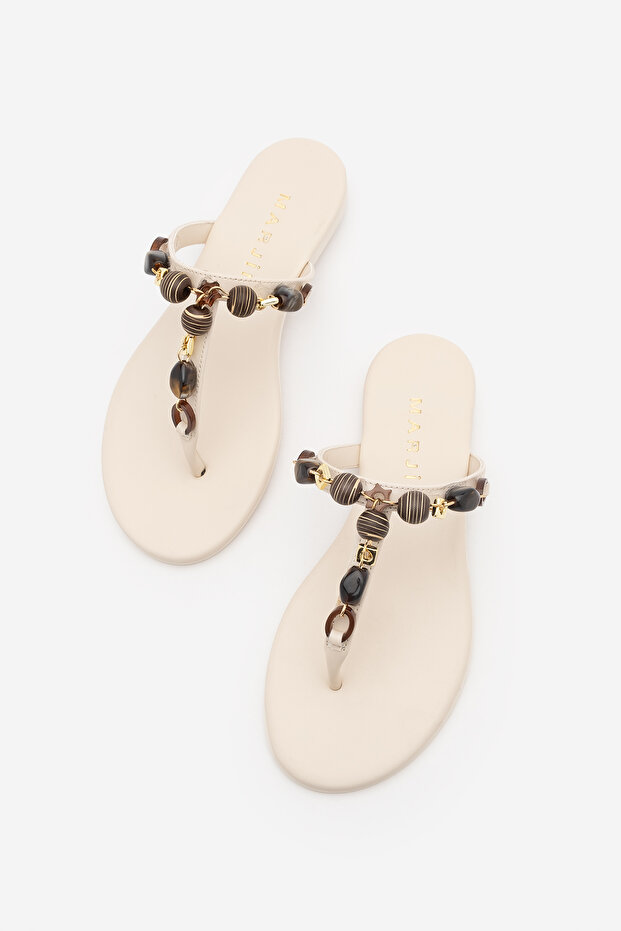 Women's Thin Strap Flip-Flops with Bohemian Stone Buckle, Casual Slippers, Marsil Ecru