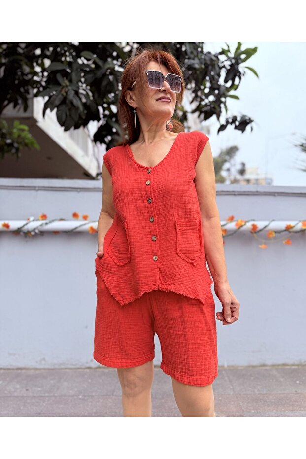 Muslin Double Pocket Tassel Vest Pomegranate Flower