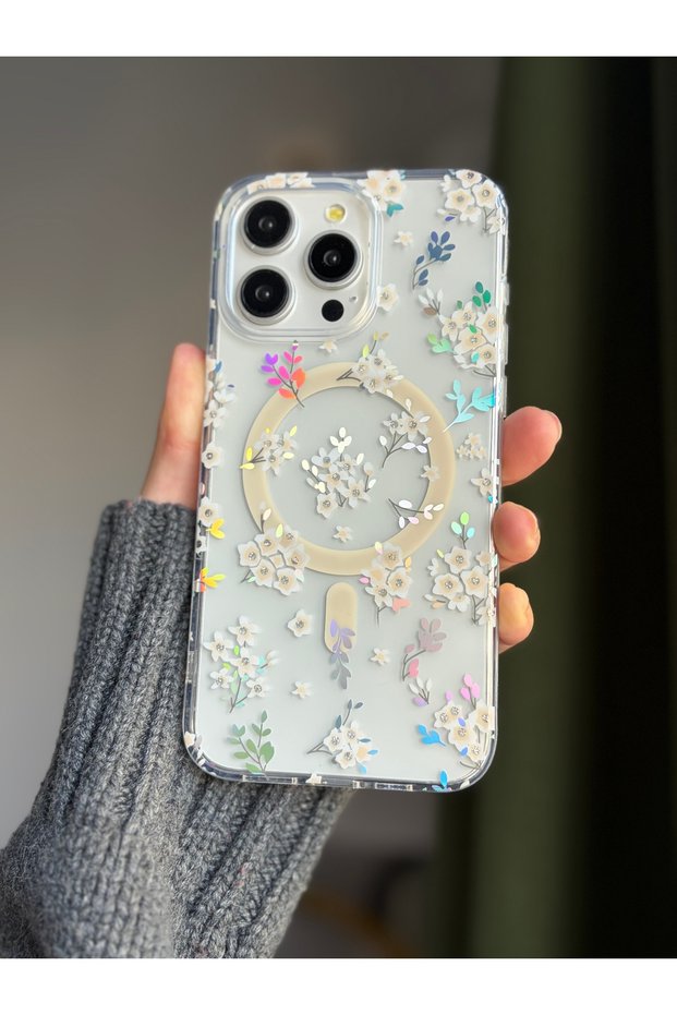 Premium White Hologram Flower Pattern Transparent Phone Case Compatible with iPhone 16 Pro Magsafe