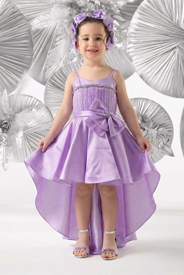 Mojo Girl's 5-10 Years Old Draped Detailed Short Front Long Back Dress Lilac
