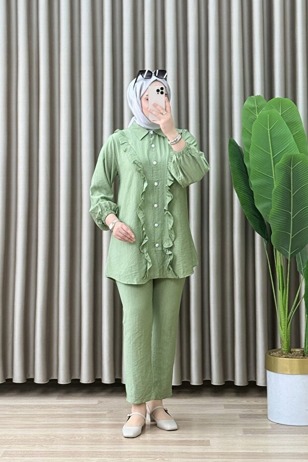 Defne Takim Strawberry Fabric Green Color Buttoned Tunic and Trousers Two-Piece Set