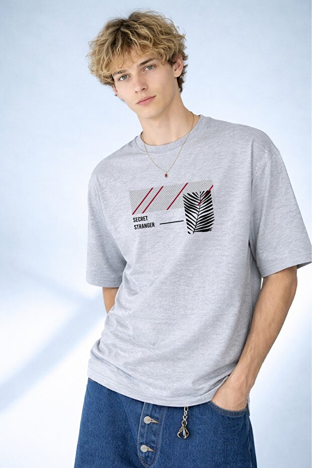 Gray Oversize Crew Neck Leaf Pattern Printed T-Shirt - 2